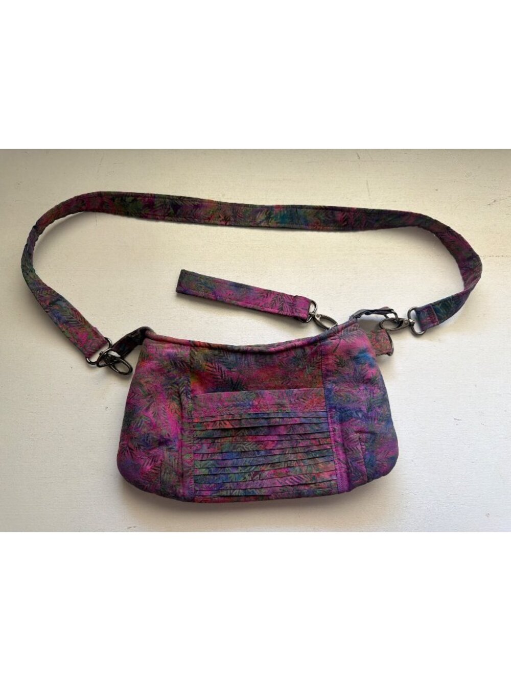 Handmade OOAK Crossbody Bag Small Purse Purple/Magenta Batik Pleated Boho Artsy